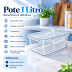 Pote hermético transparente de 1 litro Decoricasa com trava lateral para marmitas, ideal para freezer e micro-ondas.