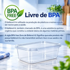 Pote marmita transparente Decoricasa livre de BPA sobre bancada de cozinha com selo de segurança