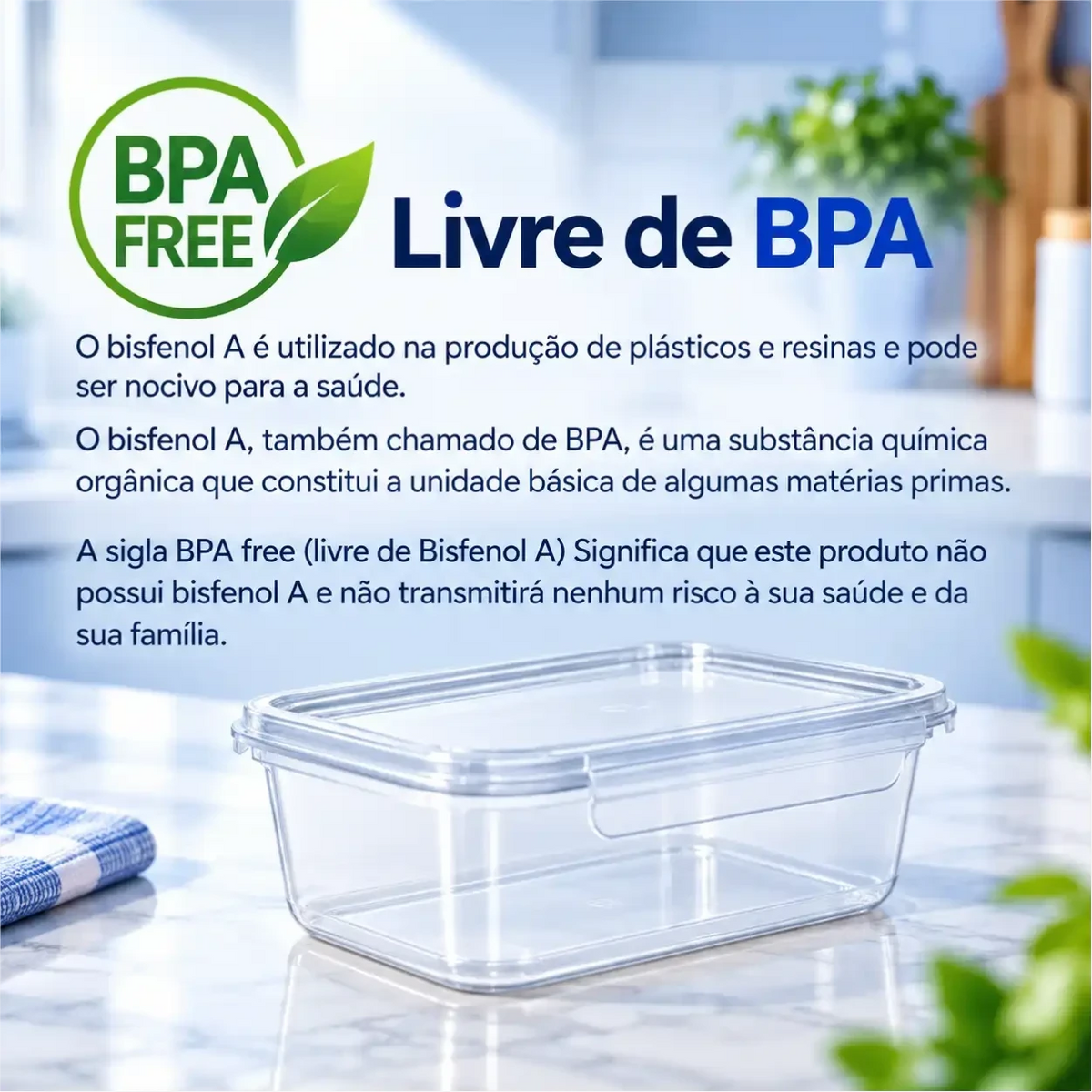 Pote marmita transparente Decoricasa livre de BPA sobre bancada de cozinha com selo de segurança