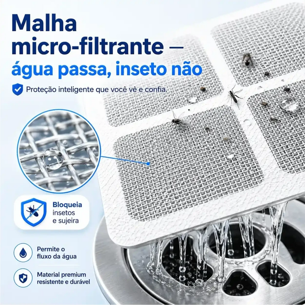 Protetor de ralo adesivo Decoricasa com malha microfiltrante bloqueando insetos e permitindo a passagem de água
