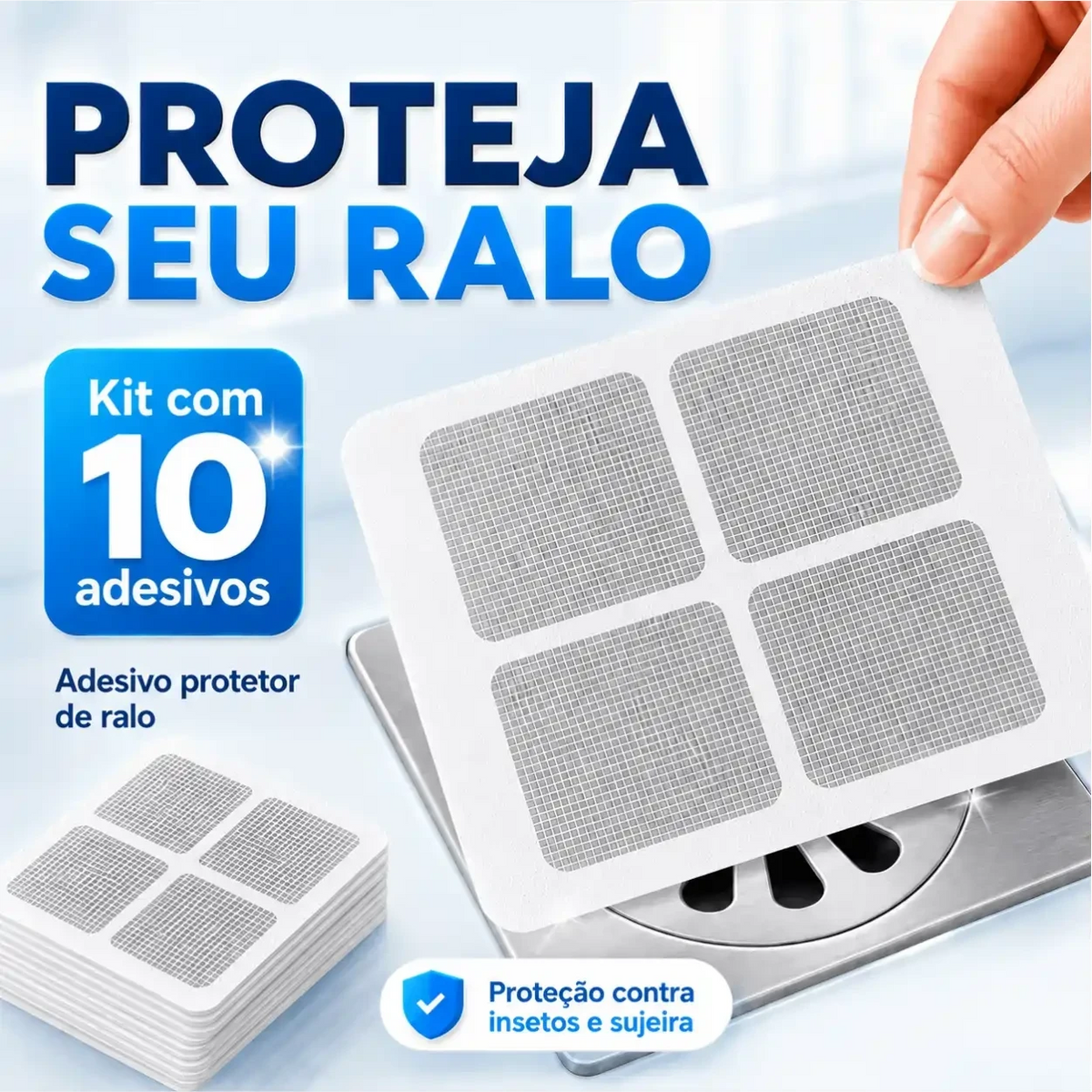 Mão aplicando adesivo protetor de ralo Decoricasa de microfibra branca sobre ralo metálico para bloquear insetos