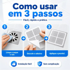 Infográfico Decoricasa mostrando os 3 passos simples para instalar o protetor de ralo adesivo descartável.