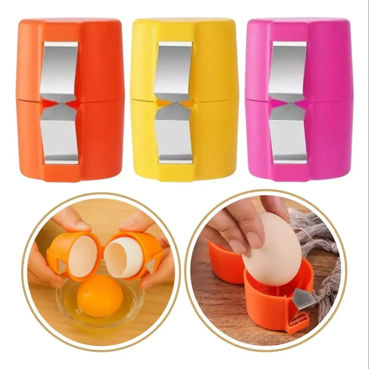 Quebrador de ovos Decoricasa colorido em laranja, amarelo e rosa para abrir ovos crus e cozidos sem sujeira