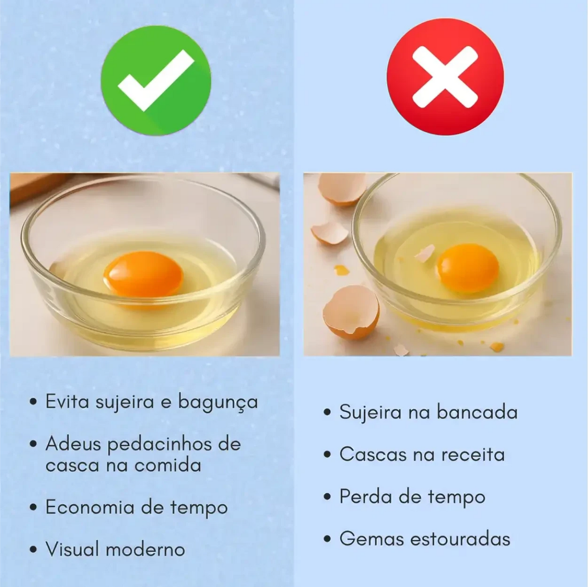 Comparativo visual do QuebraJá Decoricasa mostrando ovo limpo sem casca versus ovo com sujeira e pedaços de casca