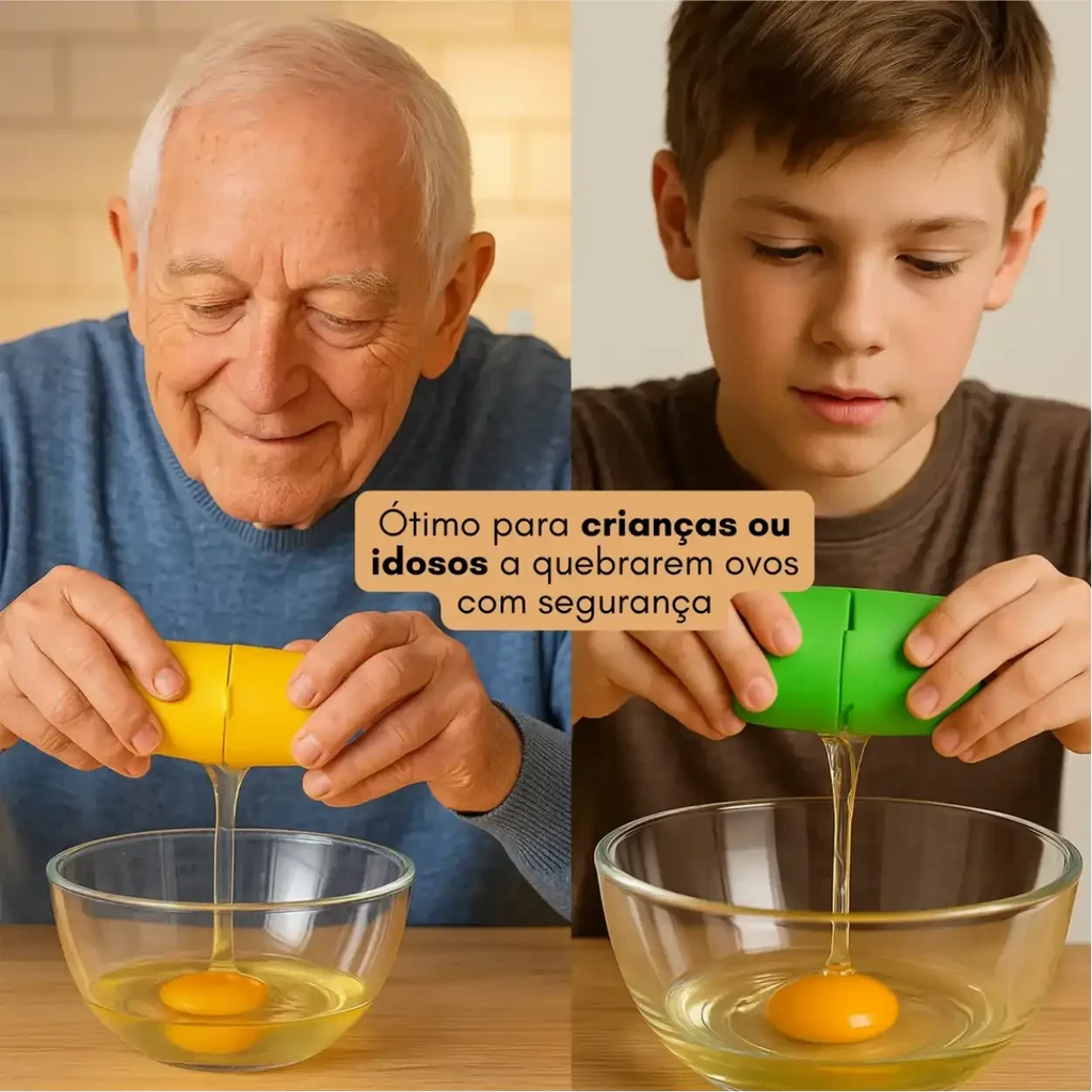 Idoso e criança usando o QuebraJá Decoricasa para quebrar ovos de forma prática e segura em tigelas de vidro.