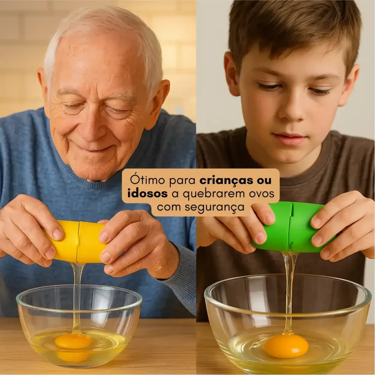 Idoso e criança usando o QuebraJá Decoricasa para quebrar ovos de forma prática e segura em tigelas de vidro.