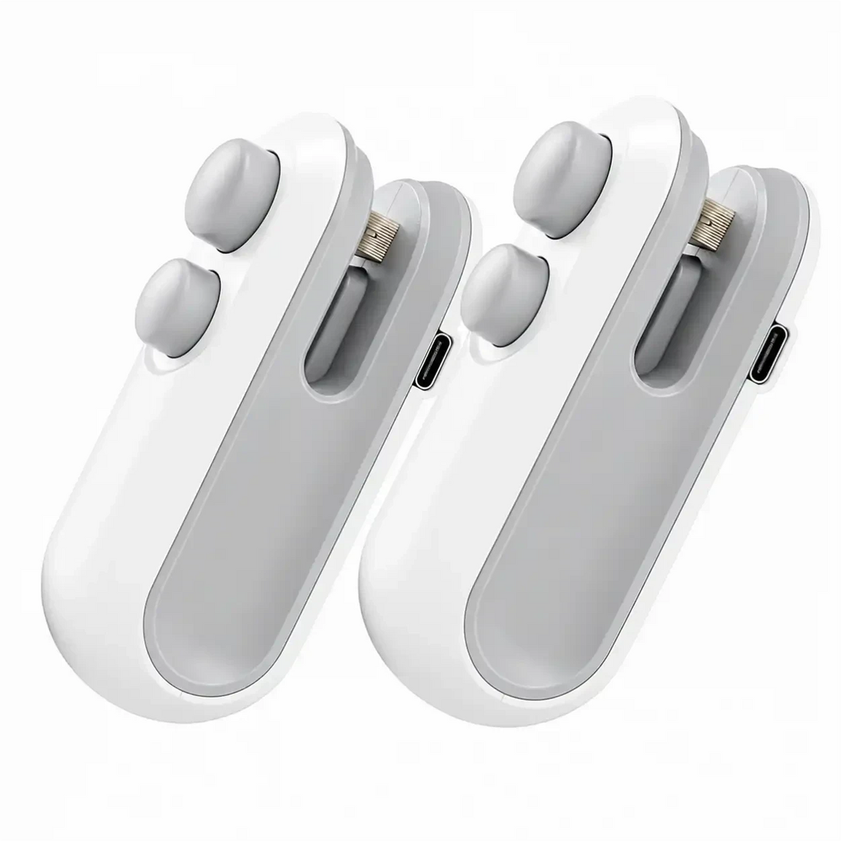 Duas seladoras e cortadoras de embalagens Decoricasa brancas e cinzas, recarregáveis via USB, design compacto e ergonômico.
