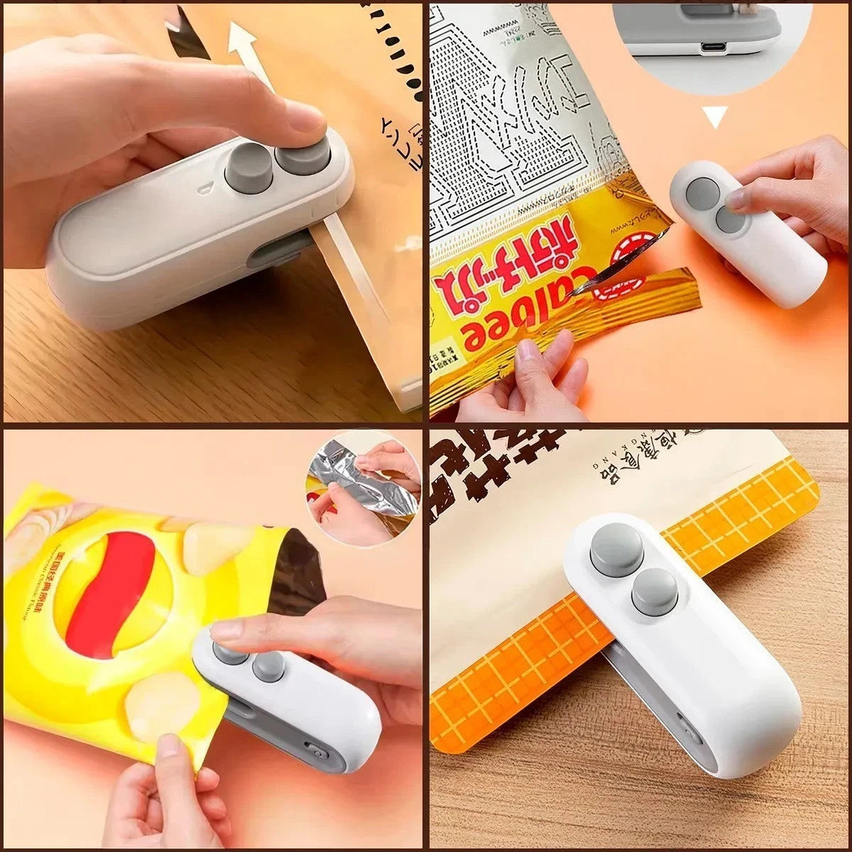 Seladora e cortadora de embalagens Decoricasa branca 2 em 1 recarregável via USB para conservar alimentos