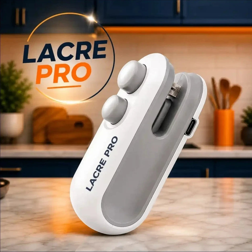 Seladora e cortadora de embalagens Decoricasa Lacre Pro branca e cinza recarregável via USB em bancada de cozinha