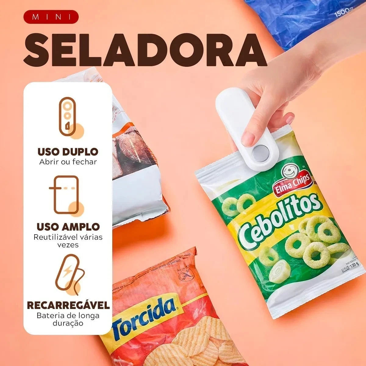 Seladora e cortadora de embalagens Decoricasa USB 2 em 1 branca selando um pacote de salgadinho