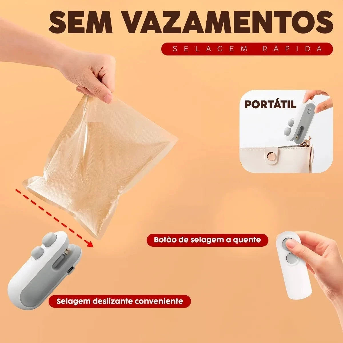Seladora e cortadora de embalagens Decoricasa 2 em 1 recarregável via USB, compacta e portátil para uso na cozinha.