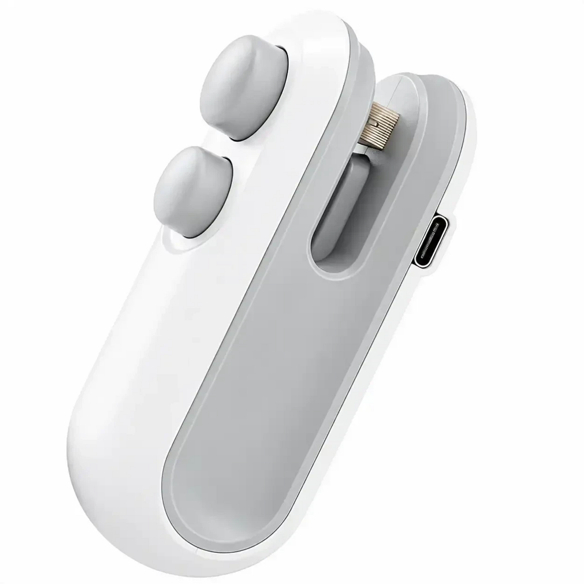 Seladora e cortadora de embalagens Decoricasa branca e cinza, portátil, recarregável via USB com design ergonômico.