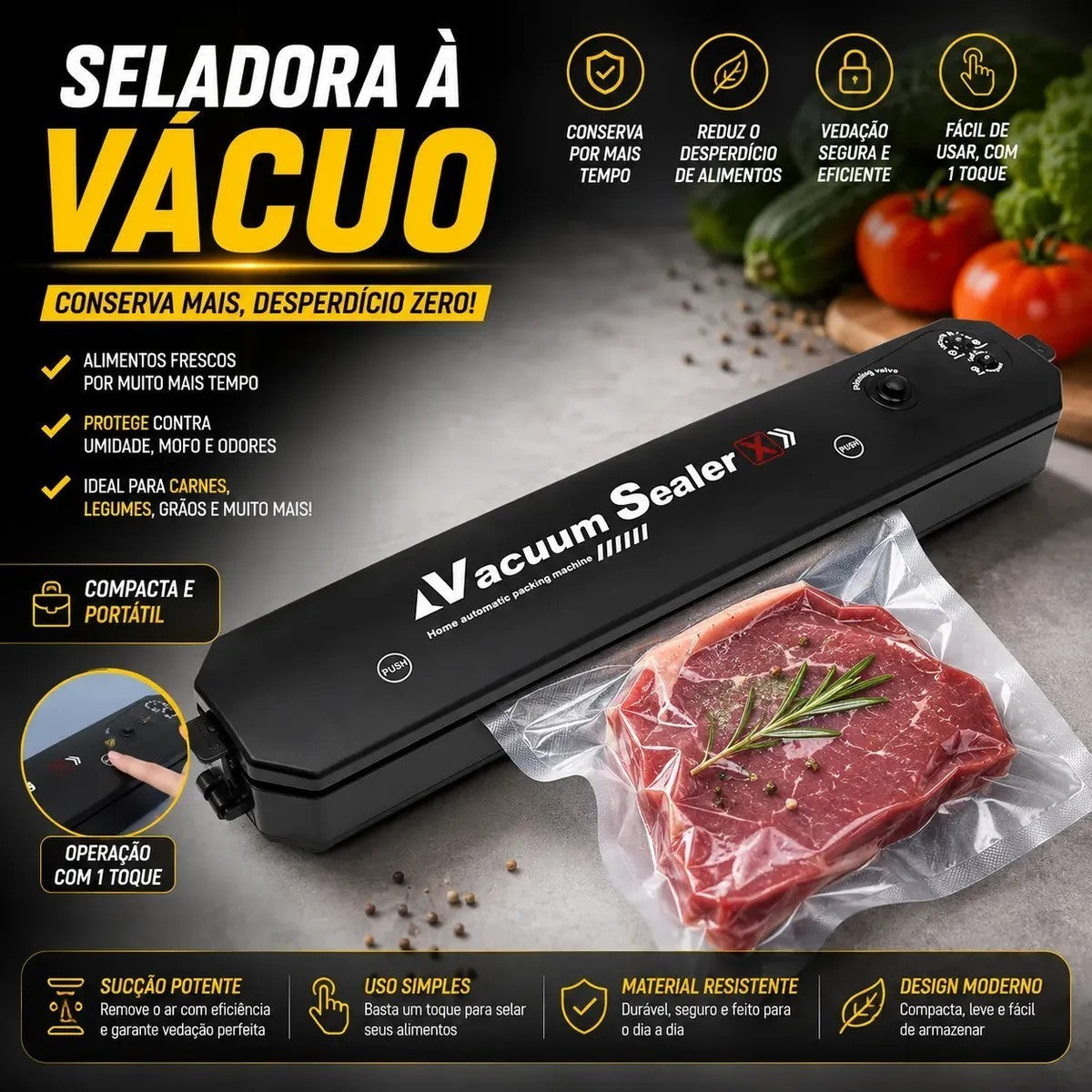 Seladora a vácuo Decoricasa preta selando carne embalada para conservação de alimentos com design compacto e moderno