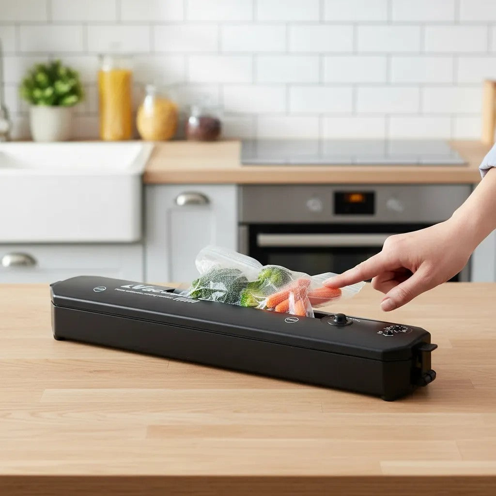 Seladora a vácuo Decoricasa preta compacta sendo usada para selar legumes frescos em uma cozinha moderna