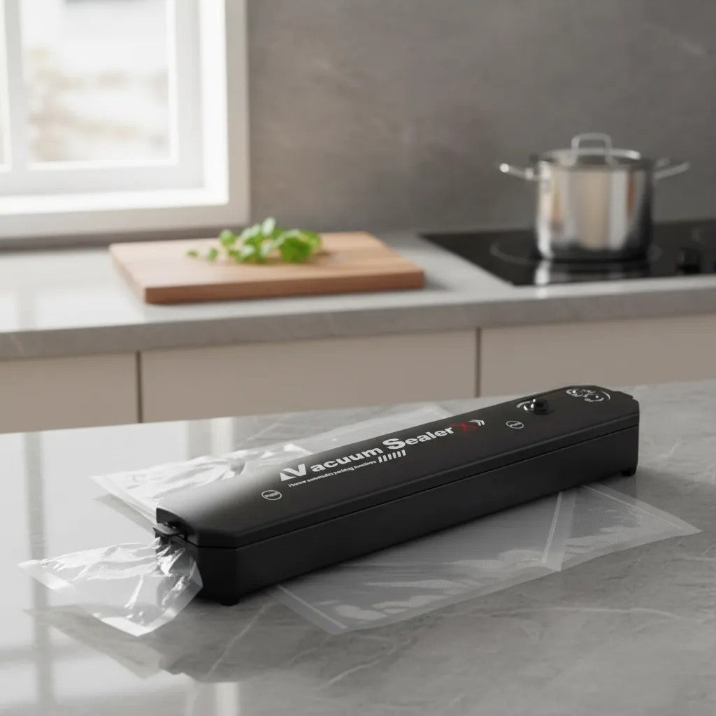 Seladora a vácuo Decoricasa preta compacta sobre bancada de cozinha para conservação de alimentos