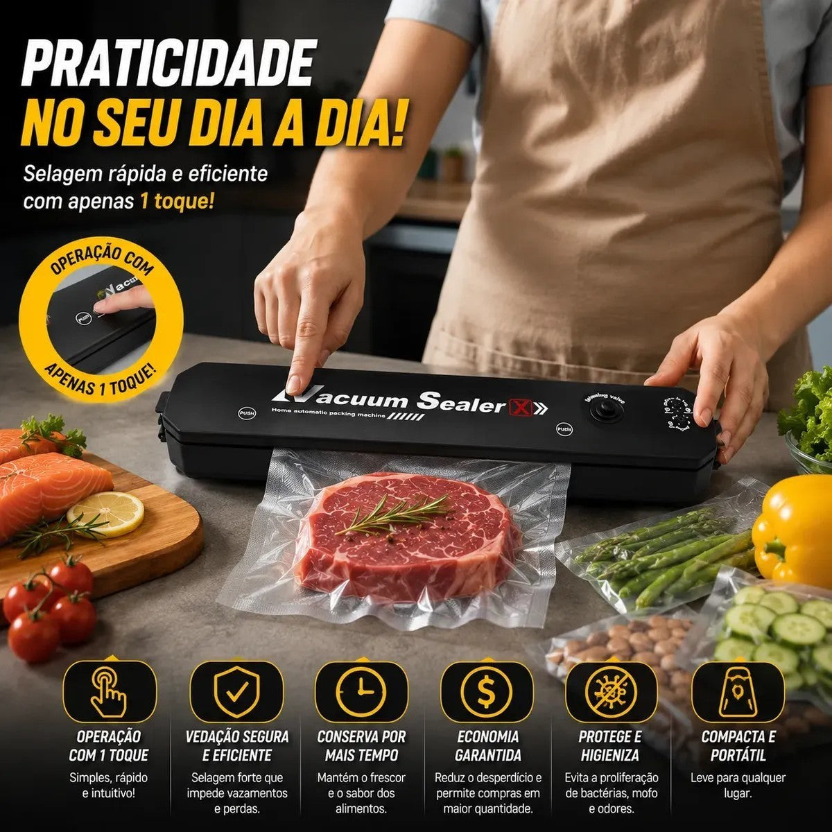 Seladora a vácuo Decoricasa FreshVac Pro preta selando carne em embalagem plástica para conservação de alimentos