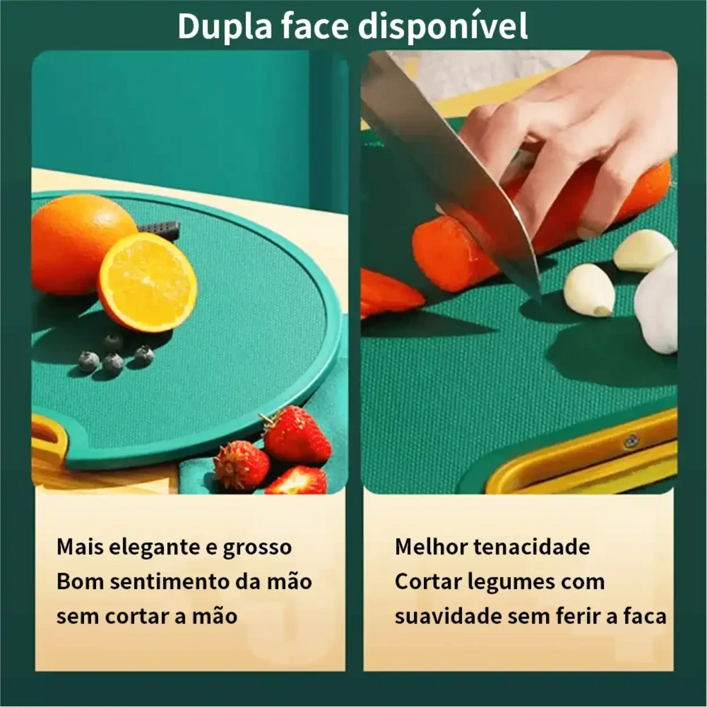 Tábua de corte dupla face Decoricasa verde com textura antiderrapante sendo usada para cortar vegetais e frutas.