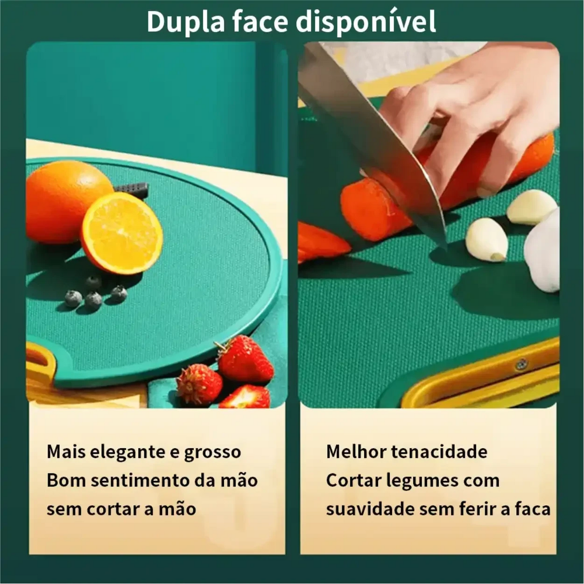 Tábua de corte dupla face Decoricasa verde com textura antiderrapante sendo usada para cortar vegetais e frutas.