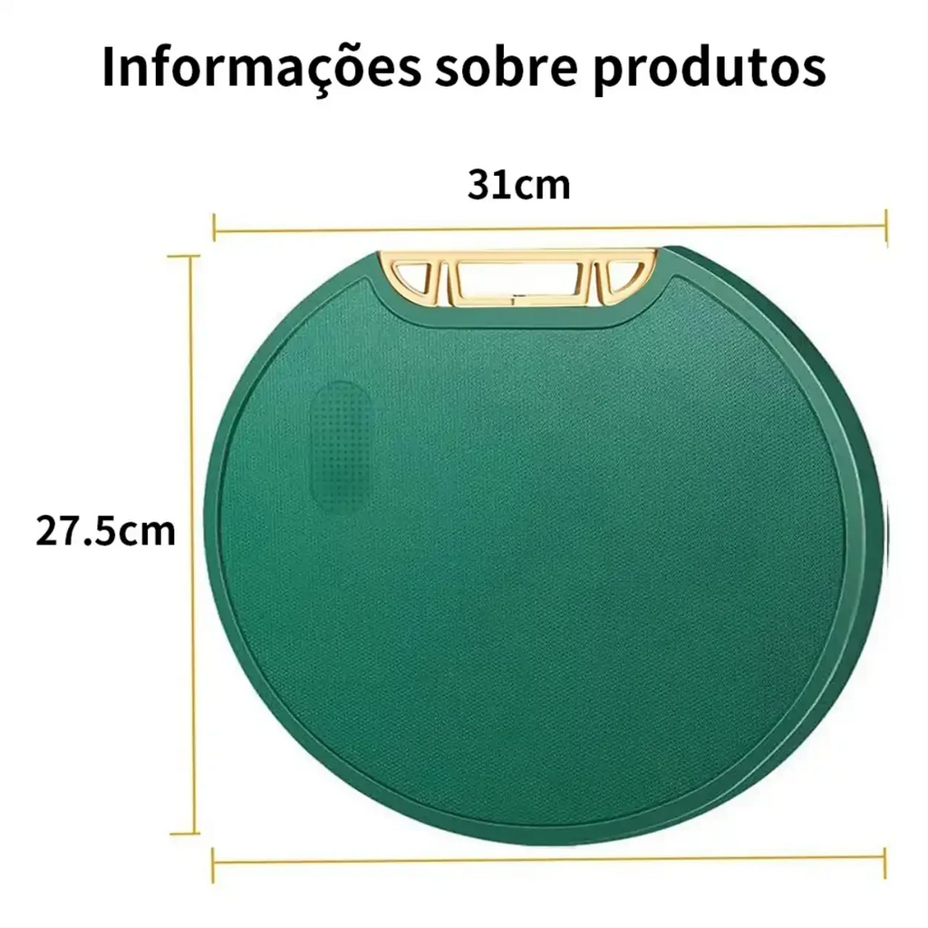 Tábua de corte redonda verde Decoricasa com alça e medidas de 31cm por 27,5cm para cozinha