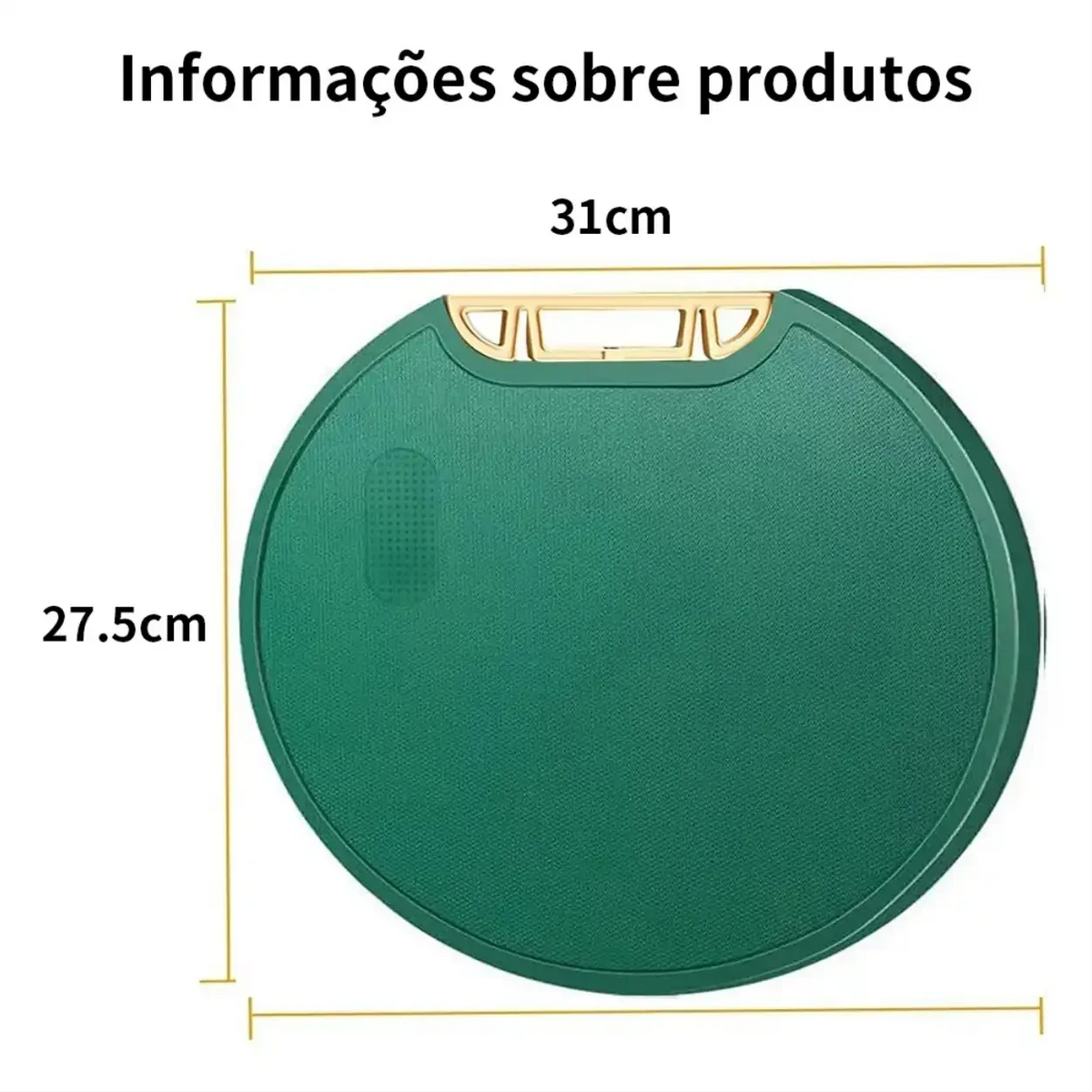 Tábua de corte redonda verde Decoricasa com alça e medidas de 31cm por 27,5cm para cozinha
