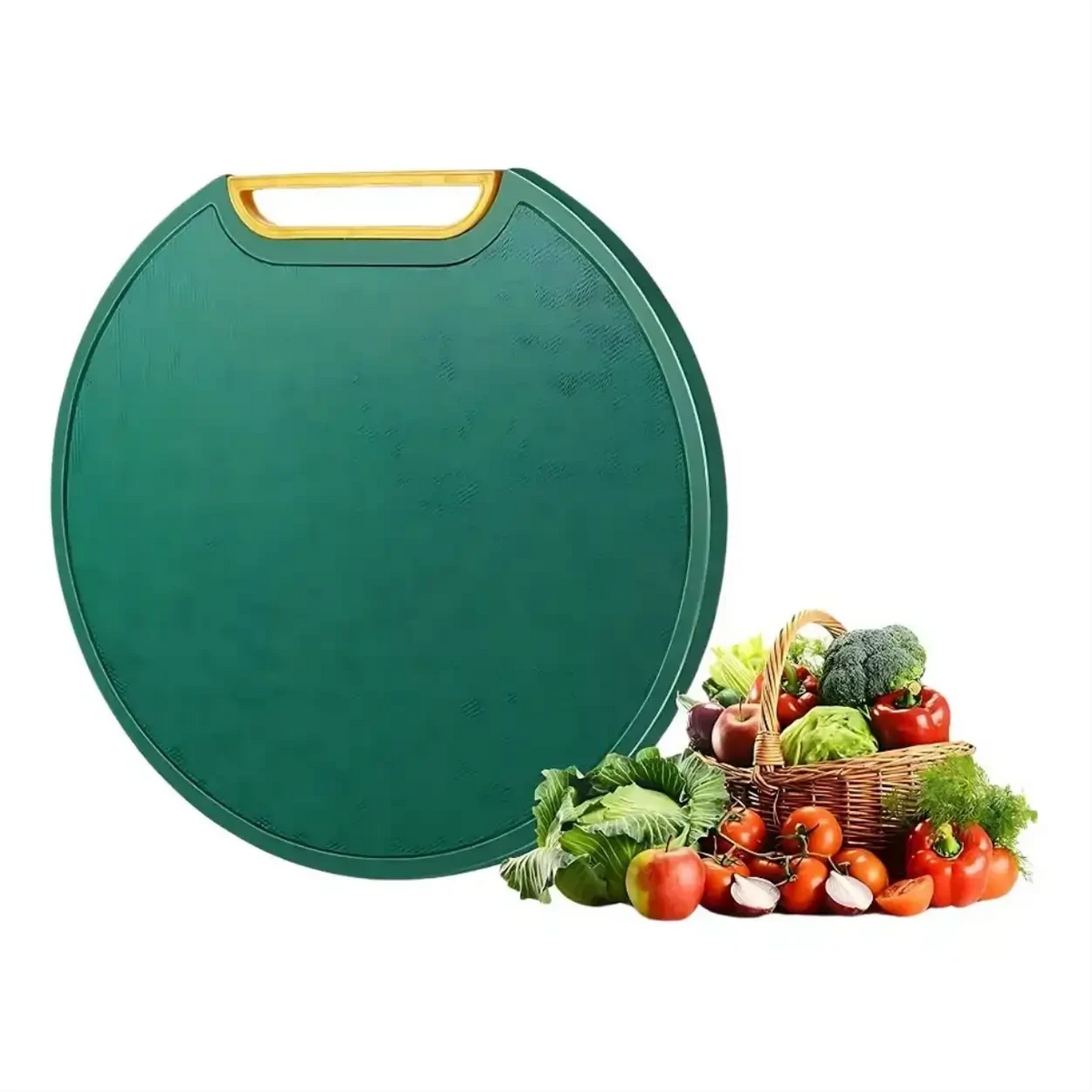 Tábua de corte redonda verde Decoricasa com alça, ideal para organizar vegetais e facilitar a higiene na cozinha.