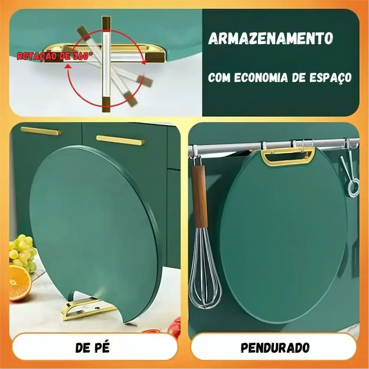 Tábua de corte redonda verde Decoricasa com suporte em pé, alça giratória 360 graus e opção de pendurar na cozinha.
