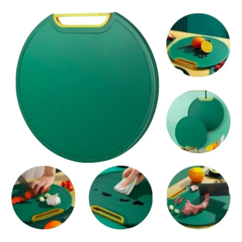 Tábua de corte redonda Decoricasa verde dupla face com suporte em pé e calha para líquidos, ideal para cozinha.