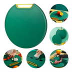 Tábua de corte redonda Decoricasa verde dupla face com suporte em pé e calha para líquidos, ideal para cozinha.