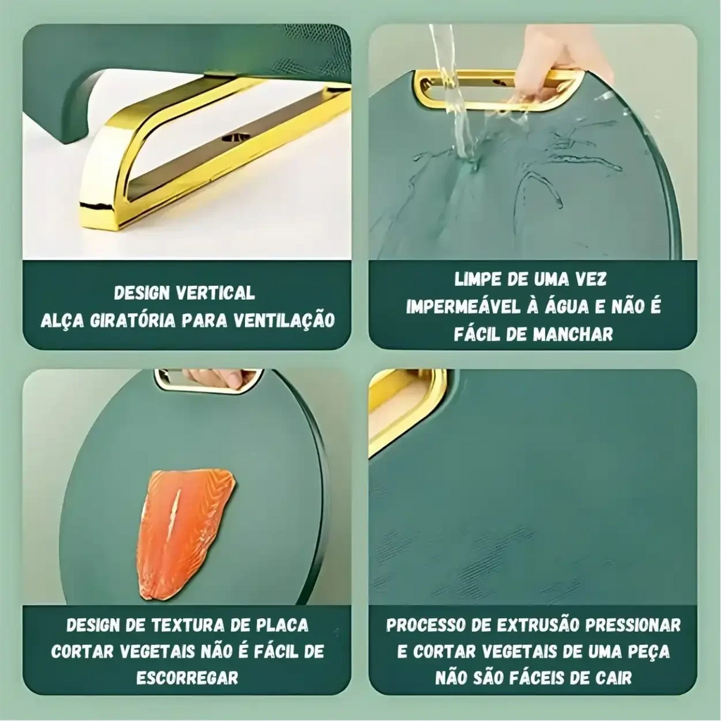 Tábua de corte Decoricasa verde redonda com alça dourada, suporte vertical, superfície texturizada e fácil de lavar.
