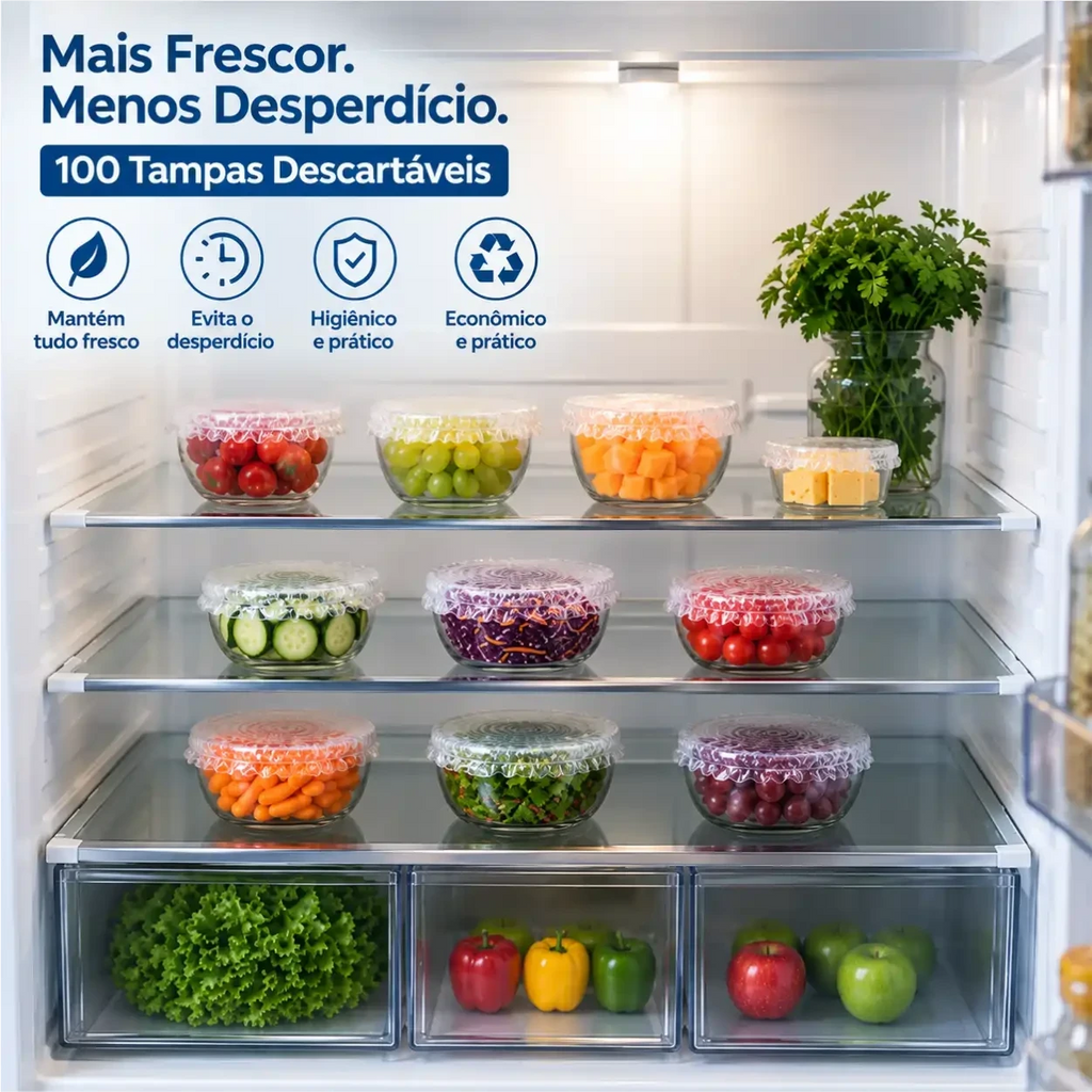 Decoricasa Fresh Cap: tampas elásticas transparentes vedando tigelas com alimentos frescos organizadas na geladeira.