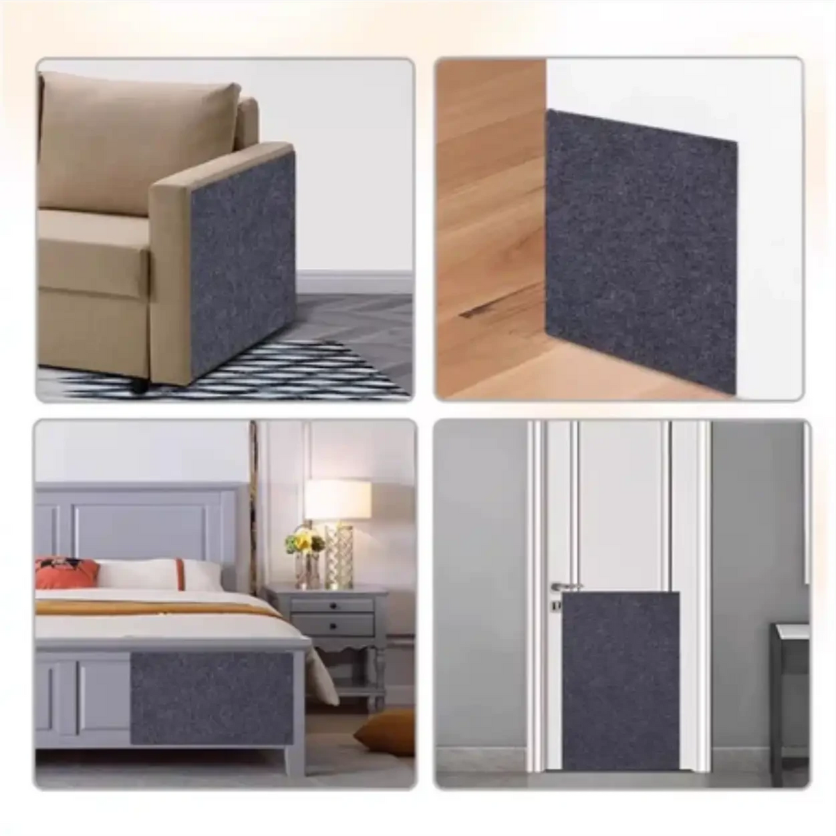Tapete arranhador Decoricasa cinza autoadesivo aplicado em sofá, parede, cama e porta para proteção contra gatos