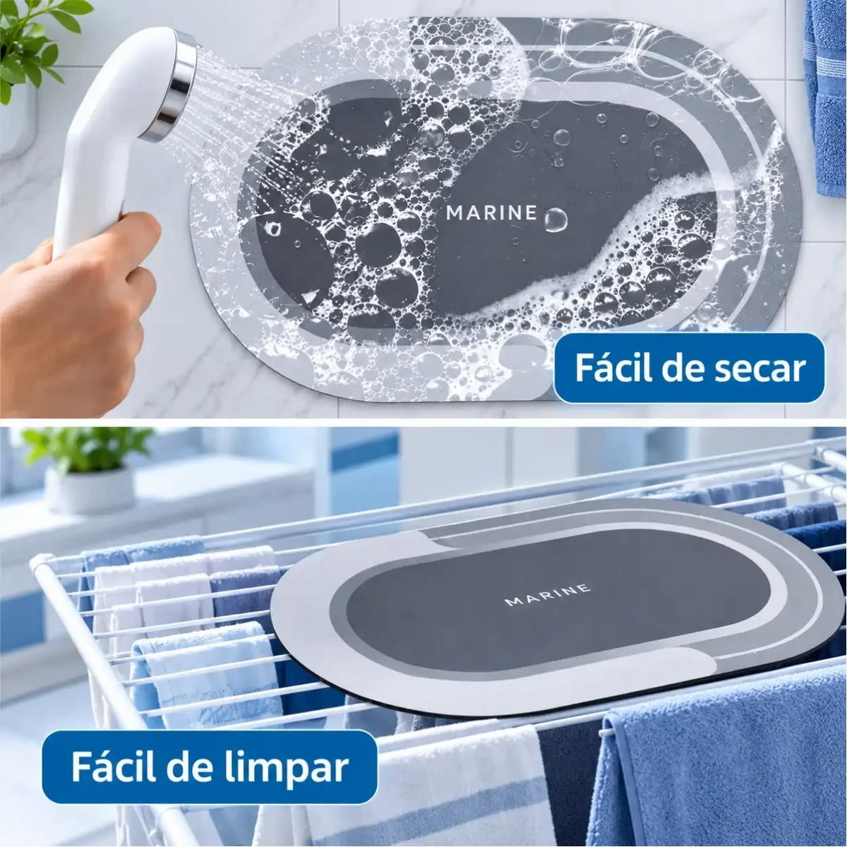 Tapete de banheiro Decoricasa oval cinza com tecnologia de secagem rápida e superfície antiderrapante
