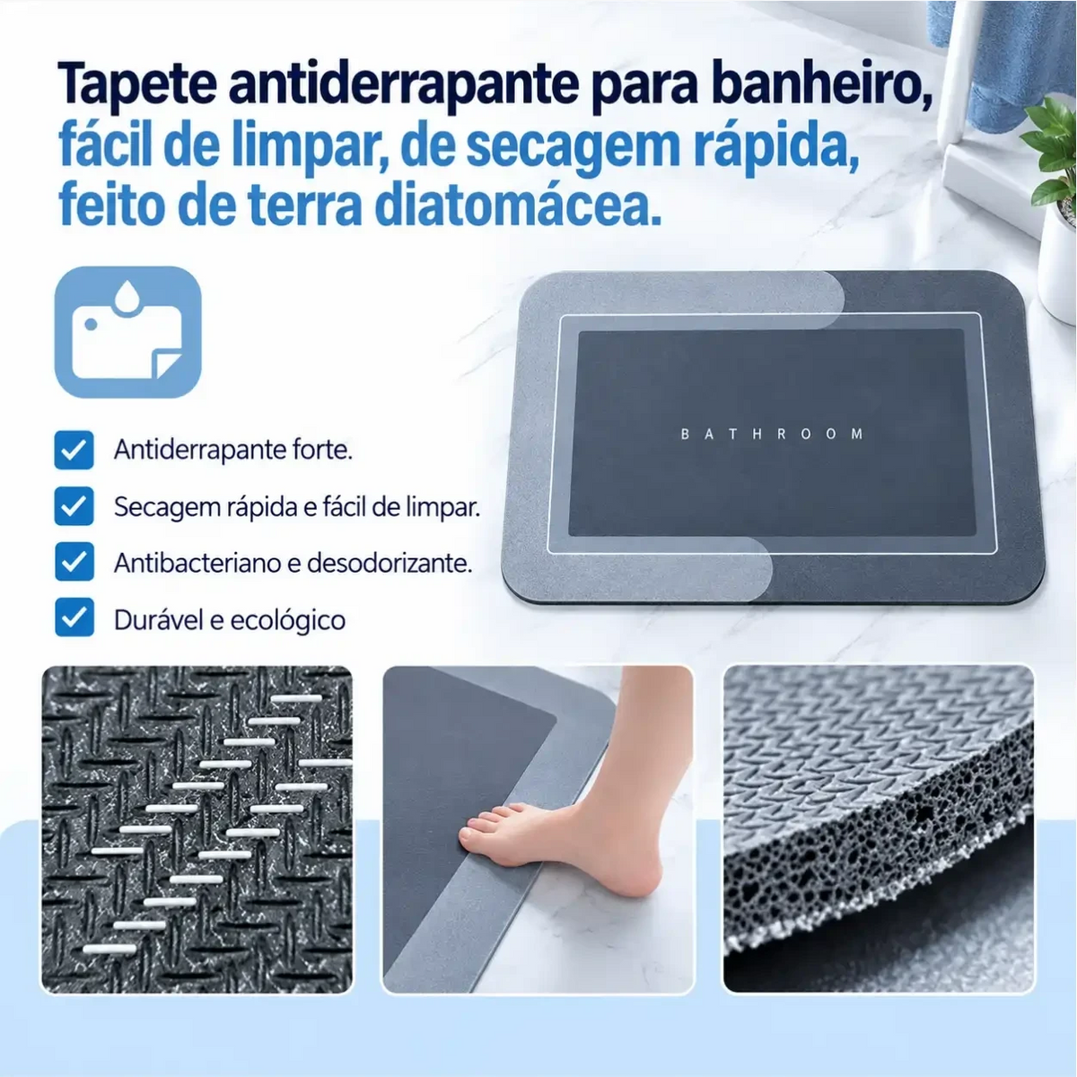 Tapete de banheiro Decoricasa antiderrapante de secagem rápida feito de terra diatomácea com textura macia