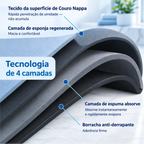 Diagrama das 4 camadas do tapete Decoricasa mostrando couro nappa, espuma regenerada, camada absorvente e base antiderrapante