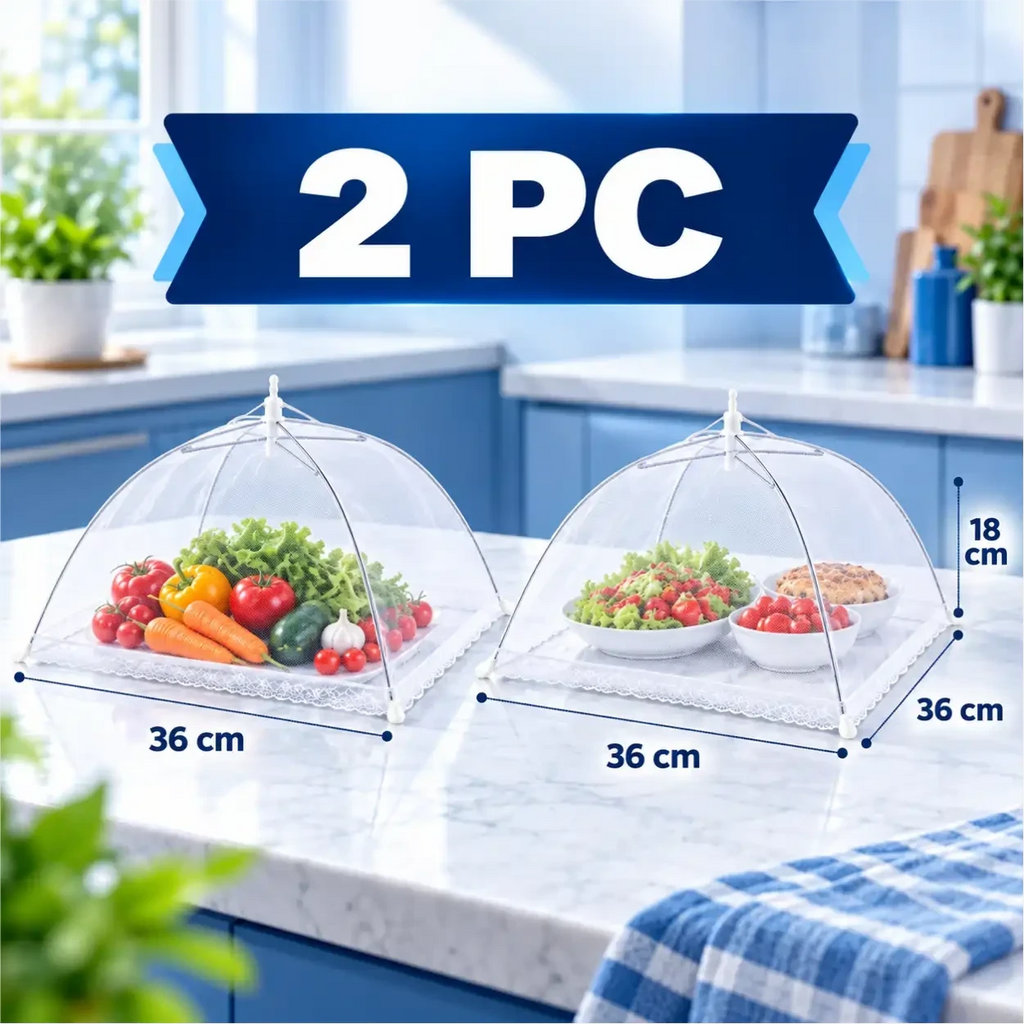 Decoricasa conjunto de duas telas protetoras de alimentos dobráveis com acabamento em renda sobre bancada de cozinha