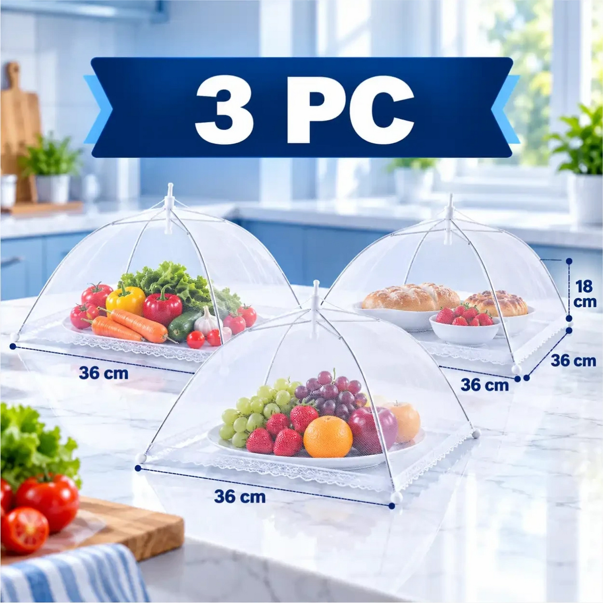 Conjunto de 3 telas protetoras de alimentos Decoricasa dobráveis com acabamento em renda sobre mesa de cozinha
