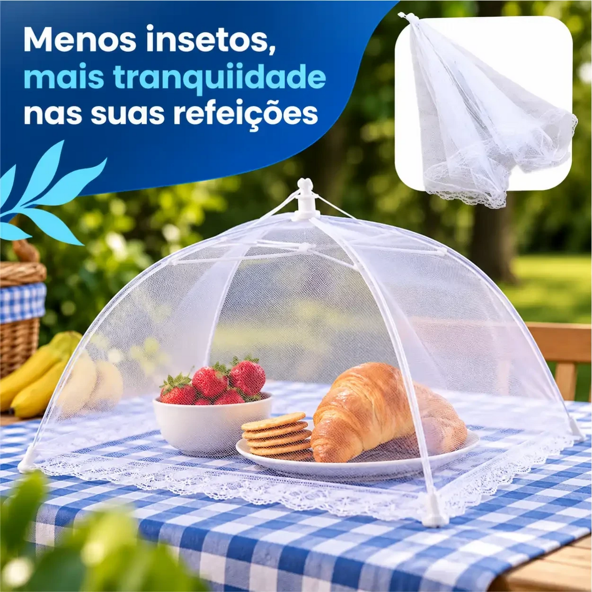 Tela protetora de alimentos Decoricasa dobrável branca com renda sobre mesa de piquenique protegendo frutas e pães