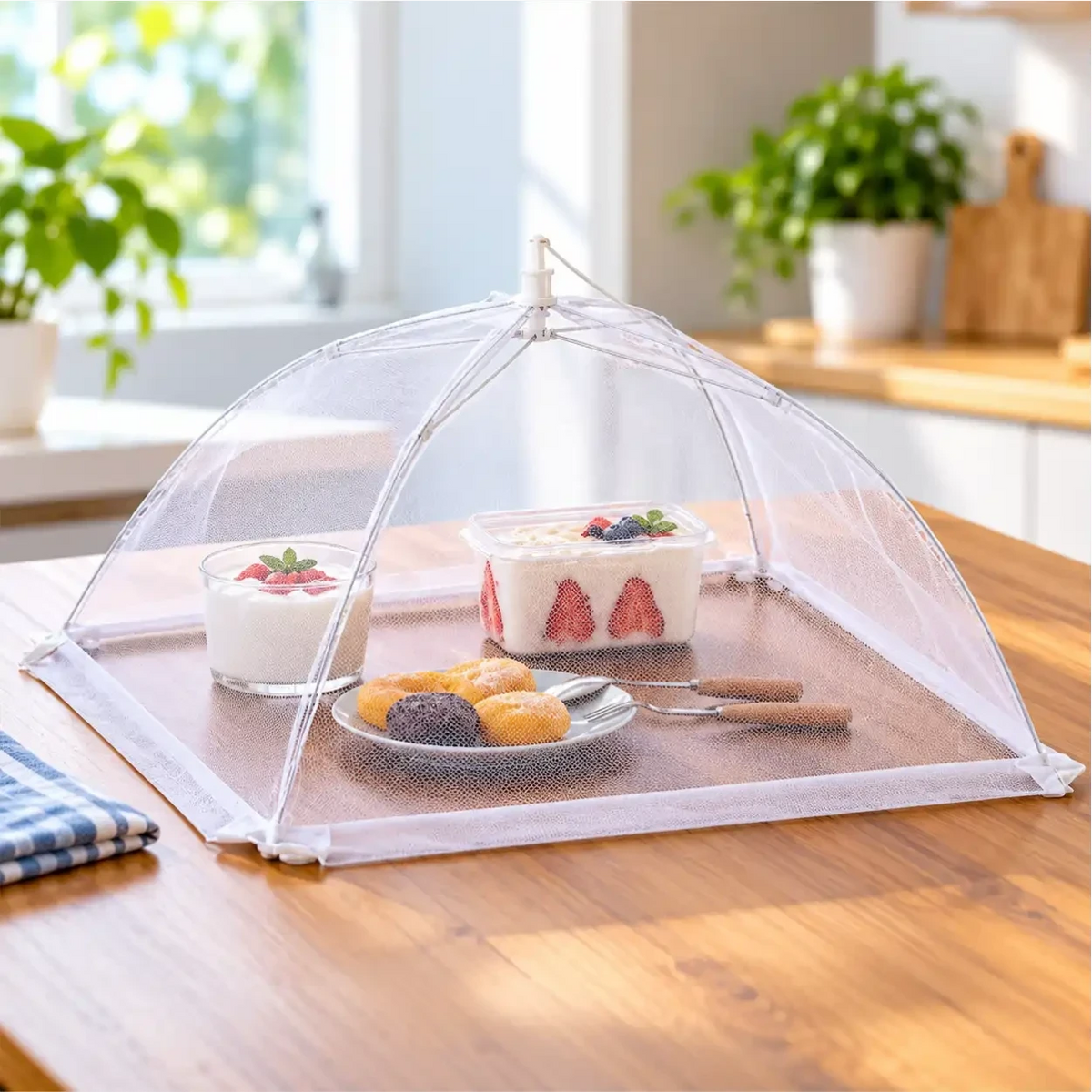Tela protetora de alimentos Decoricasa dobrável branca com acabamento em renda sobre mesa de madeira com sobremesas