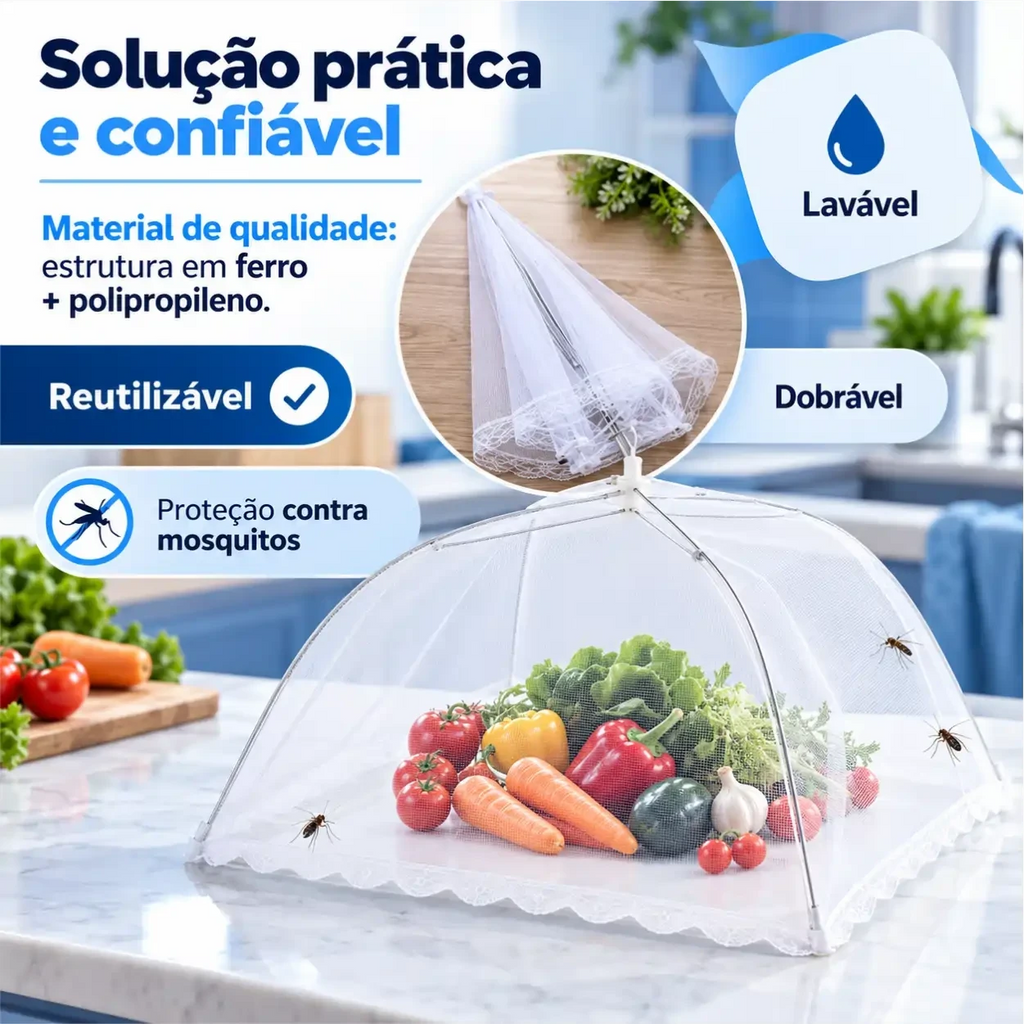 Tela protetora de alimentos Decoricasa dobrável branca com acabamento em renda sobre vegetais na mesa da cozinha