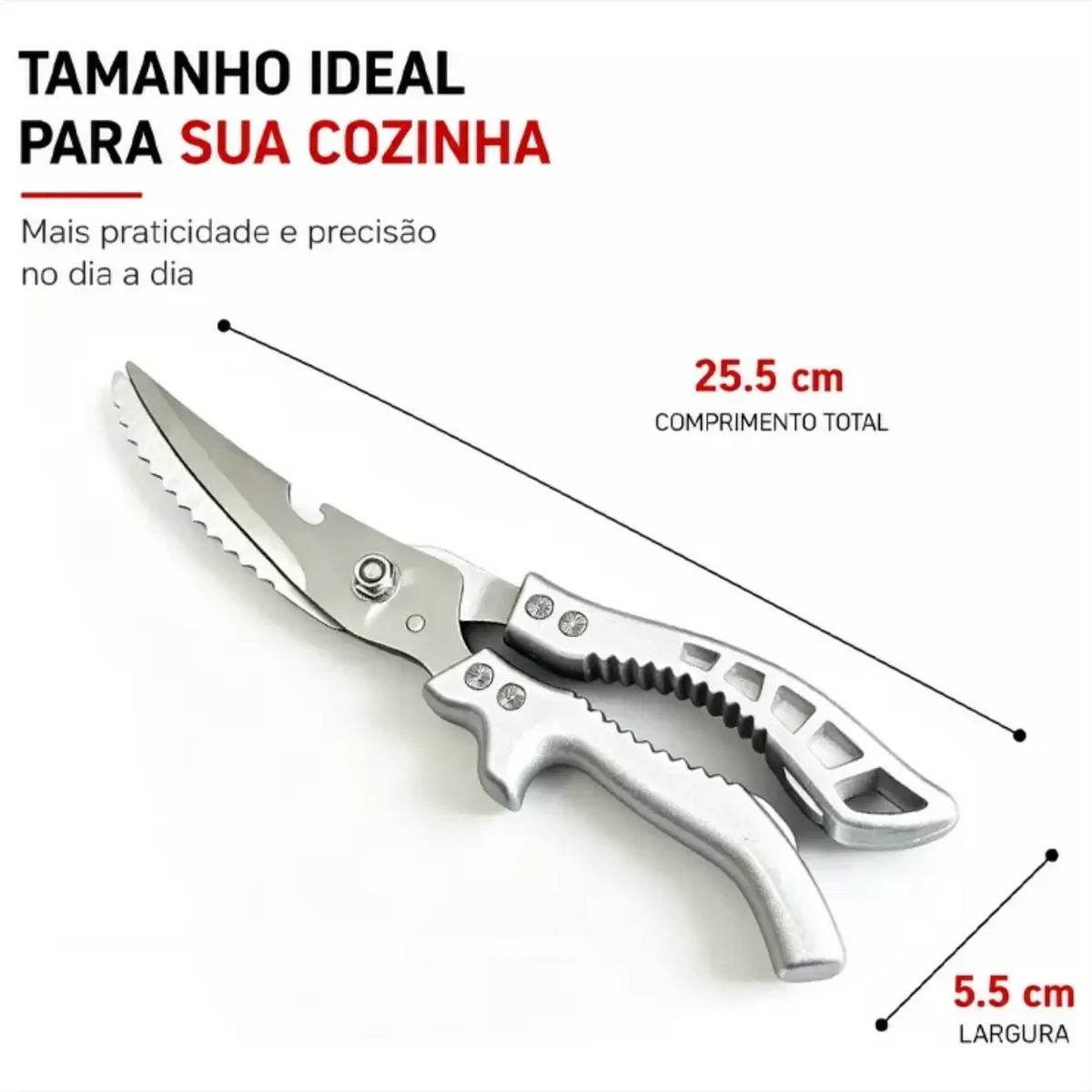 Tesoura de cozinha profissional Chef Master Pro da Decoricasa em aço inox com medidas de 25,5 cm de comprimento