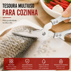 Tesoura de cozinha profissional Decoricasa em aço inox cortando peixe, com design ergonômico e trava de segurança.