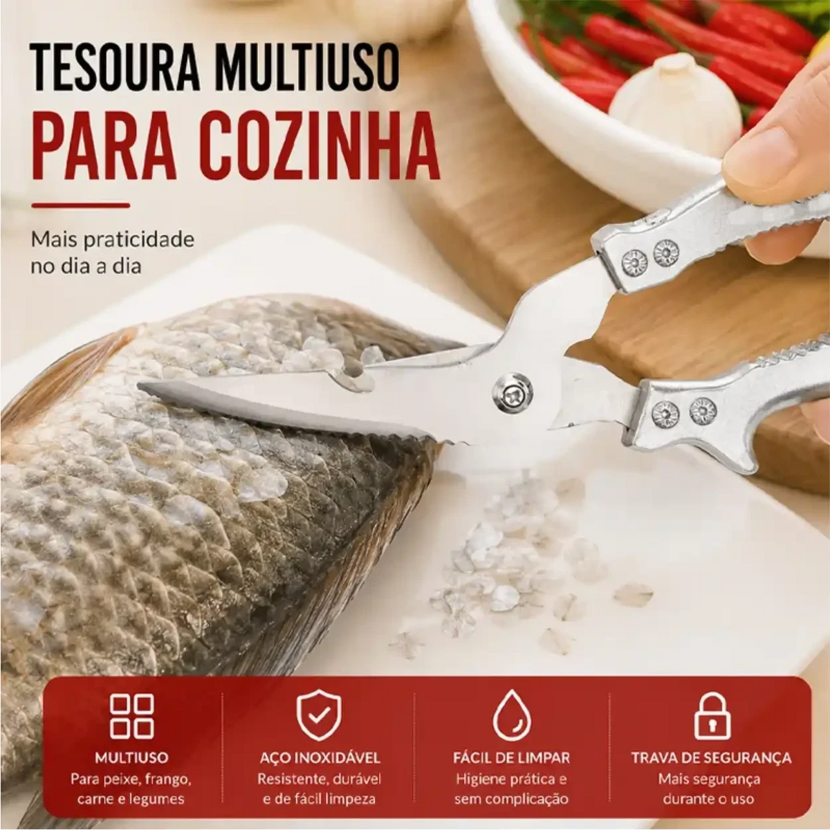 Tesoura de cozinha profissional Decoricasa em aço inox cortando peixe, com design ergonômico e trava de segurança.