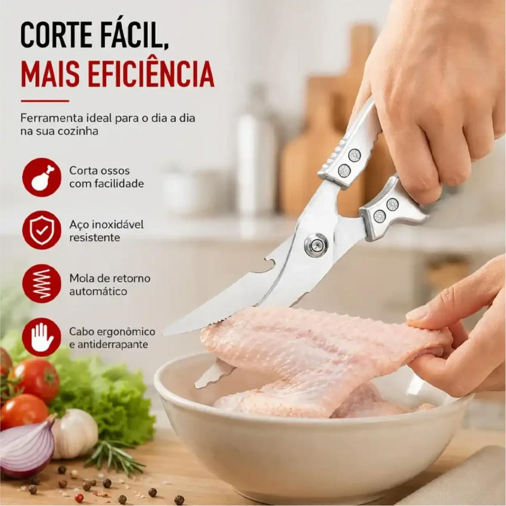 Tesoura de cozinha profissional Decoricasa Chef Master Pro de aço inox cortando frango com facilidade e segurança.