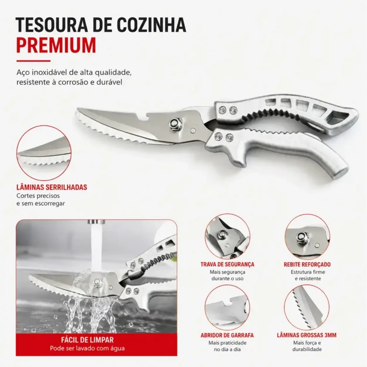 Tesoura de cozinha profissional Decoricasa 7 em 1 em aço inox com lâminas serrilhadas, trava de segurança e design ergonômico.