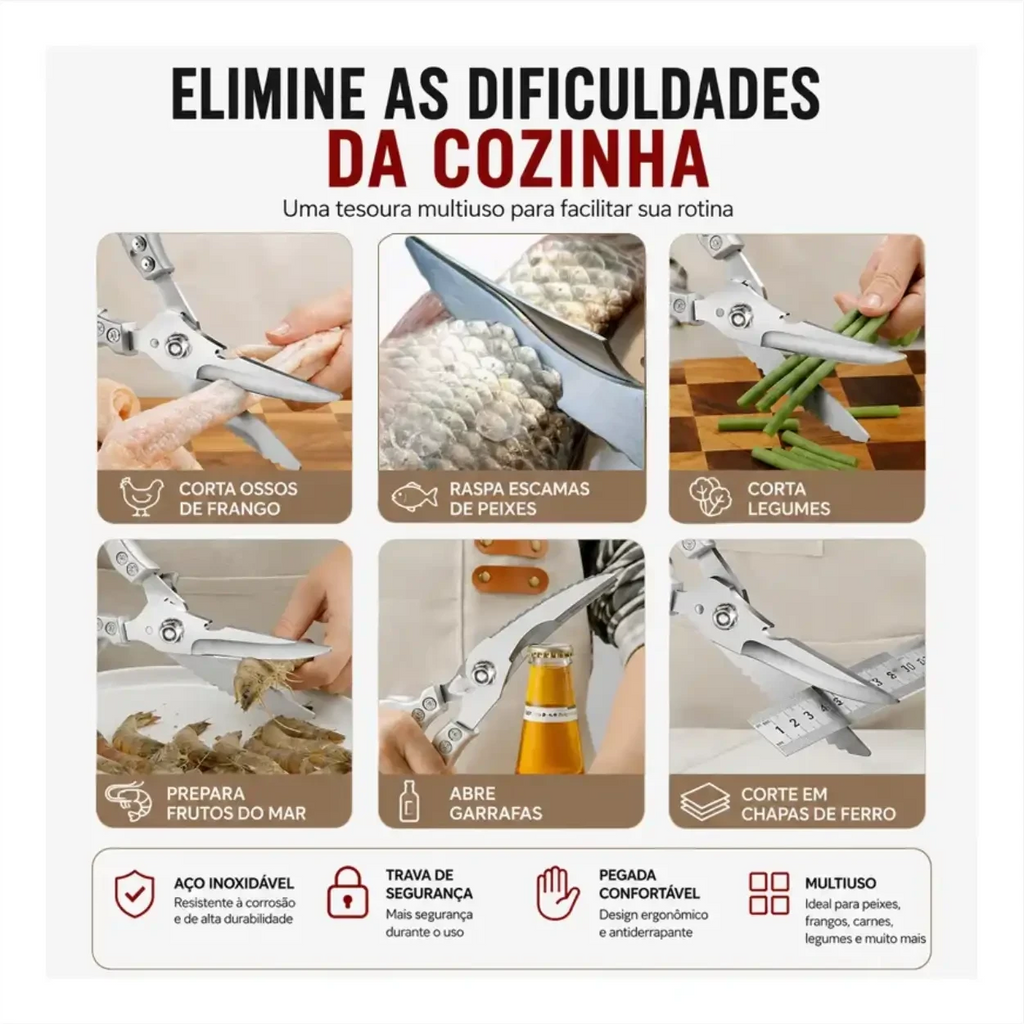 Infográfico da tesoura Decoricasa Chef Master Pro 7 em 1 demonstrando cortes de frango, peixe, legumes e uso como abridor.