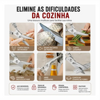 Infográfico da tesoura Decoricasa Chef Master Pro 7 em 1 demonstrando cortes de frango, peixe, legumes e uso como abridor.