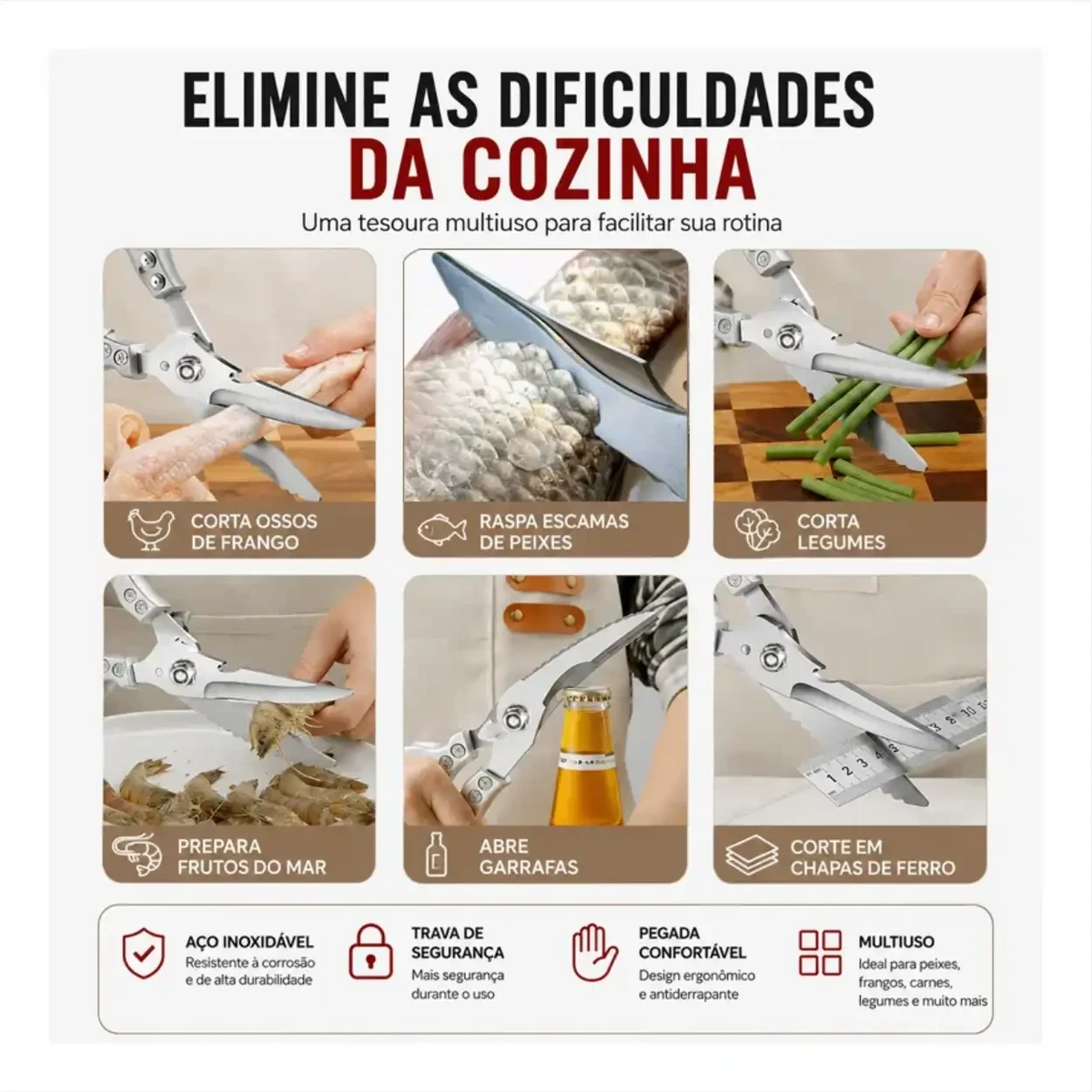 Infográfico da tesoura Decoricasa Chef Master Pro 7 em 1 demonstrando cortes de frango, peixe, legumes e uso como abridor.