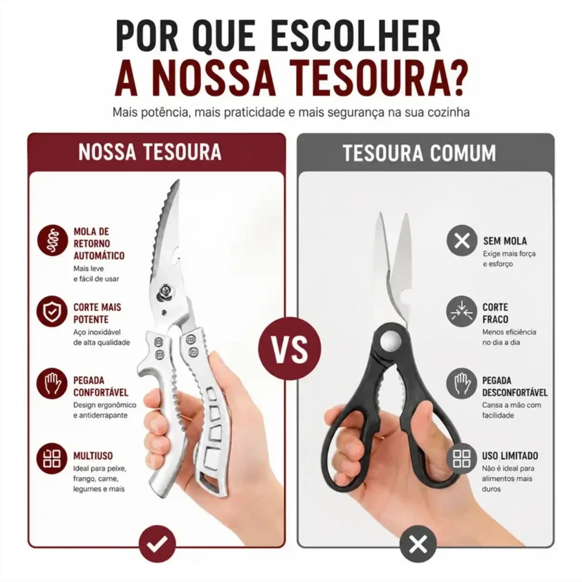 Comparativo da tesoura Decoricasa Chef Master Pro de aço inox contra tesoura comum, destacando design ergonômico.