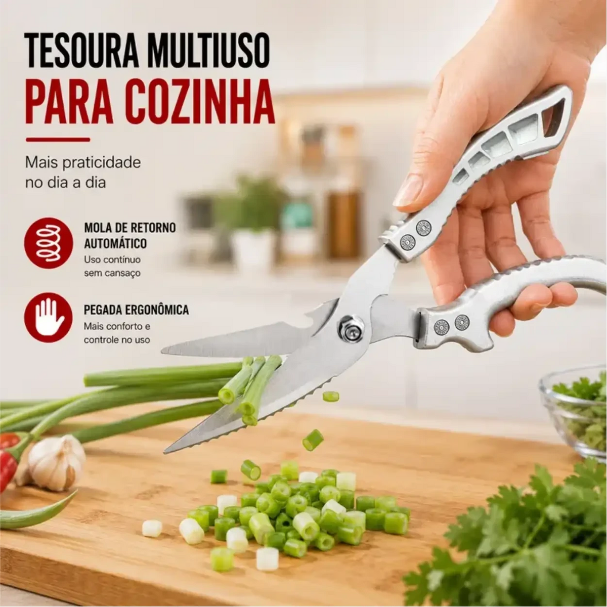 Tesoura de cozinha profissional Decoricasa em aço inox cortando cebolinha com mola de retorno e pegada ergonômica