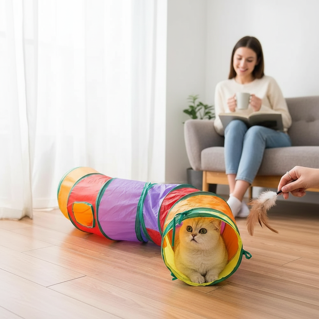 Gato dentro de túnel labirinto colorido da Decoricasa enquanto dona brinca com varinha de penas na sala de estar